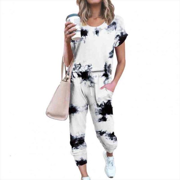 

tracksuit sets casual tie dye womenpant sports suit short sleeve t shirt and drawstring pants outfit two pieces set, White