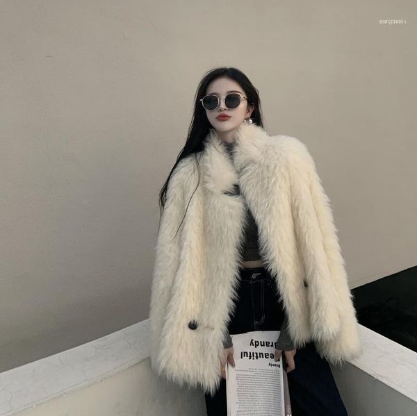 

women's fur & faux plush jacket autumn and winter loose korean style thick warm one stand-up collar cardigan coat1, Black