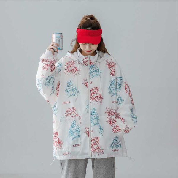 

women's jackets fashion cartoon printing cool white hooded women jacket summer thin sunscreen outerwear spring autumn female sports stu, Black;brown