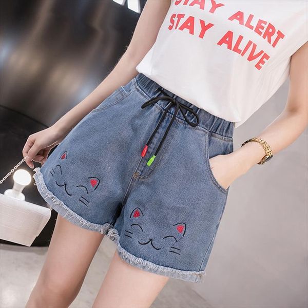 

plus size summer womens shorts high waist cat embroidered flared jeans denim for women s m  xl 2xl 3xl, White;black
