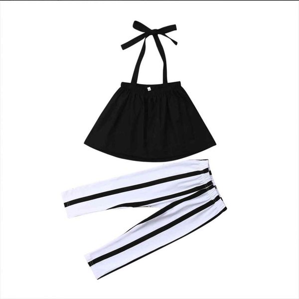 

toddler kids baby girl clothes set summer sleeveless strap black striped pants leggings girls outfits, White