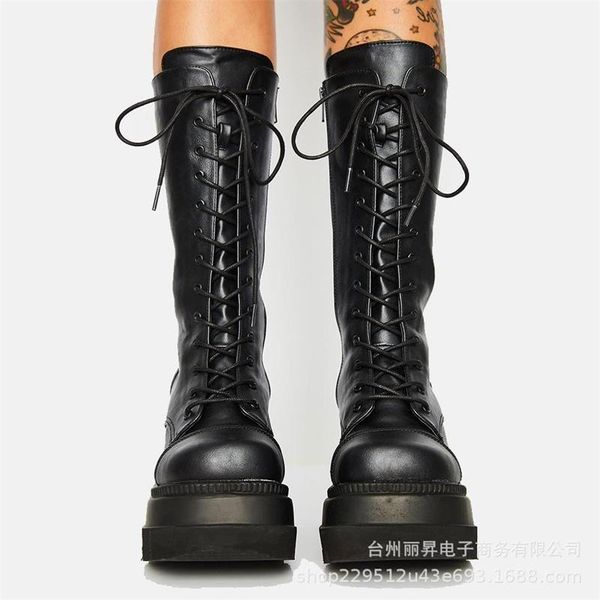 

boots big 2021 round toe slope heel middle women's, Black