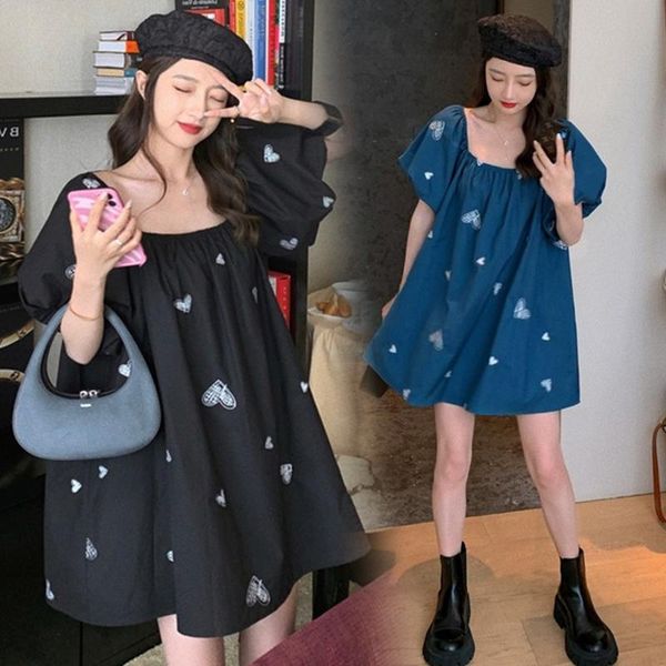 

maternity dresses 974# dress summer embroidered blue short sleeves loose midi plus size pregnancy pregnant women mom, White