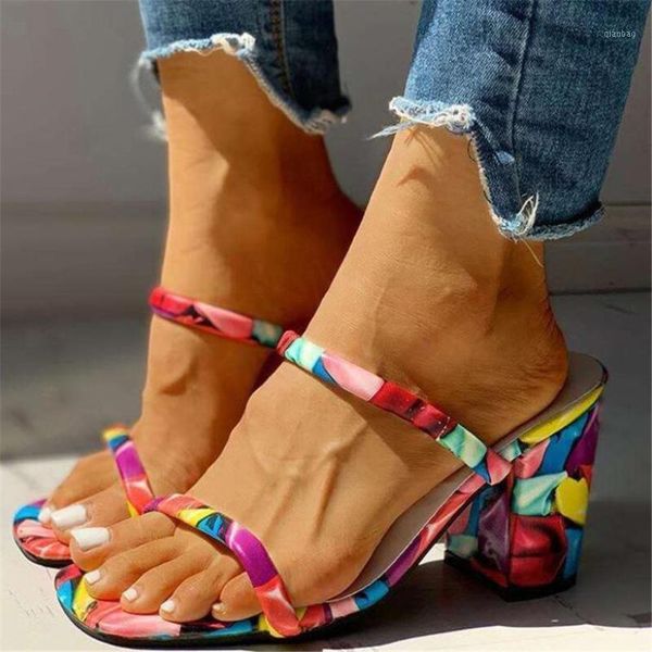 

sandals large size women's pattern color matching thick heel thin strap square head slippers women1, Black