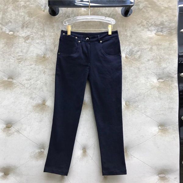 

women's jeans casual cotton navy denim pants women 2021 runway design high waist straight elegant lady ankle-length trousers, Blue