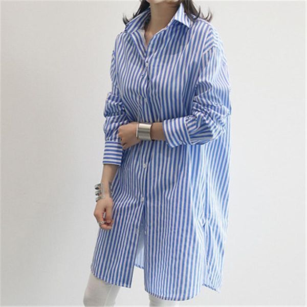 

women's blouses & shirts mid-length striped shirt 2021 spring autumn fashion style loose and thin lapel long-sleeved temperament trendy, White