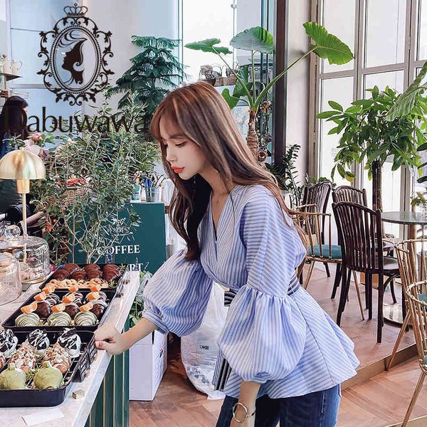 

dabuwawa elegant sashes striped blouse women lantern sleeve streetwear v-neck shirts office lady spring autumn dn1cst014 210520, White