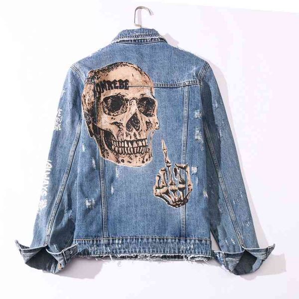 

men's jackets streetwear casual punk coats retro blue fashion skulls printed designer hip hop ripped denim jacket cb2, Black;brown