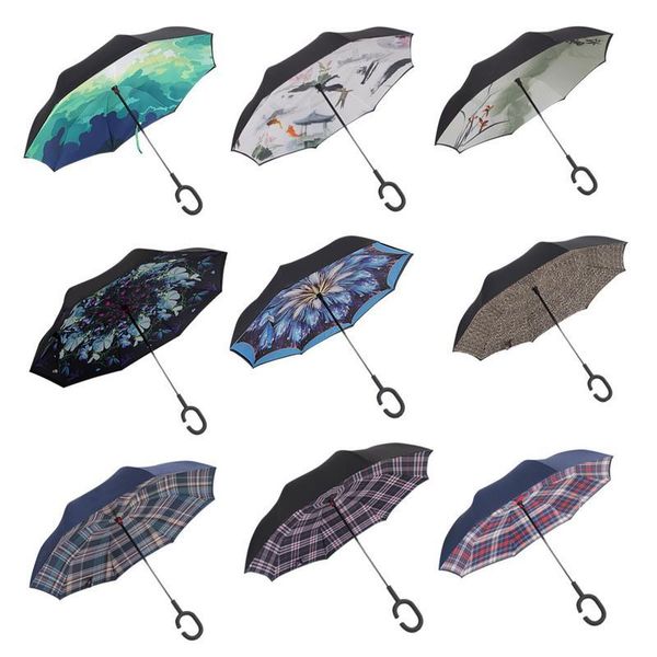 

double-layer reverse umbrella straight rod weatherproof women uv protection upside down with c-shaped handle umbrellas