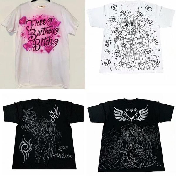 

aesthetic 100% cotton y2k womens t shirt vintage harajuku kawaii gothic punk street hip hop couple, White