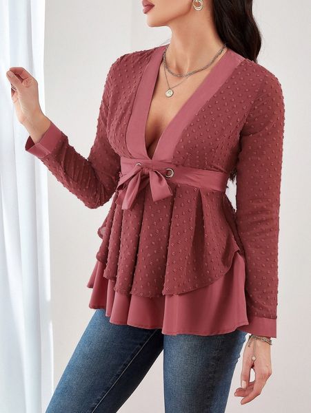 

swiss dot plunging neck grommet knot front peplum blouse f4jh#, White