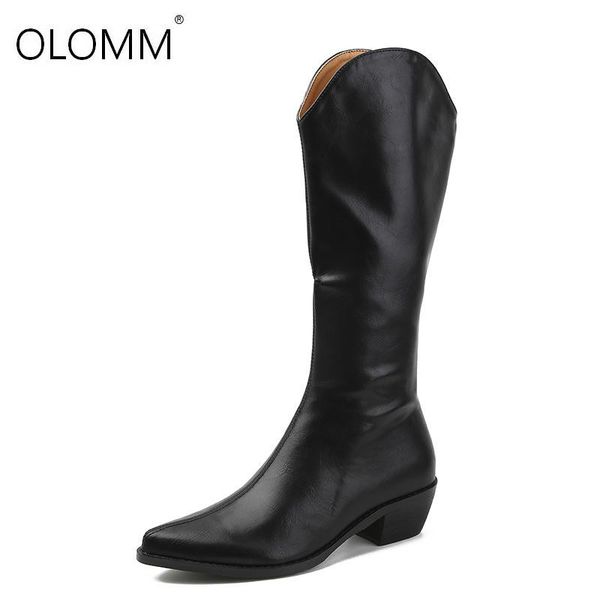 

boots women mid-calf winter women's pu leather long boot woman low heels ladies non slip female comfort shoes cowboy, Black