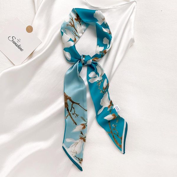 

scarves women elegant floral scarf 2021 silk long skinny hairband ribbon neck printed foulard lady handle bag ties, Blue;gray