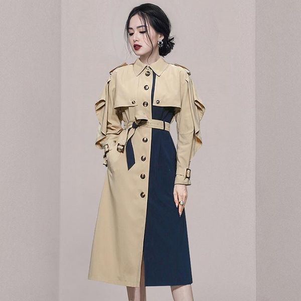 

women's trench coats autumn fashion women hit color combination long coat ladies chic single breasted lace-up simple casual windbreaker, Tan;black