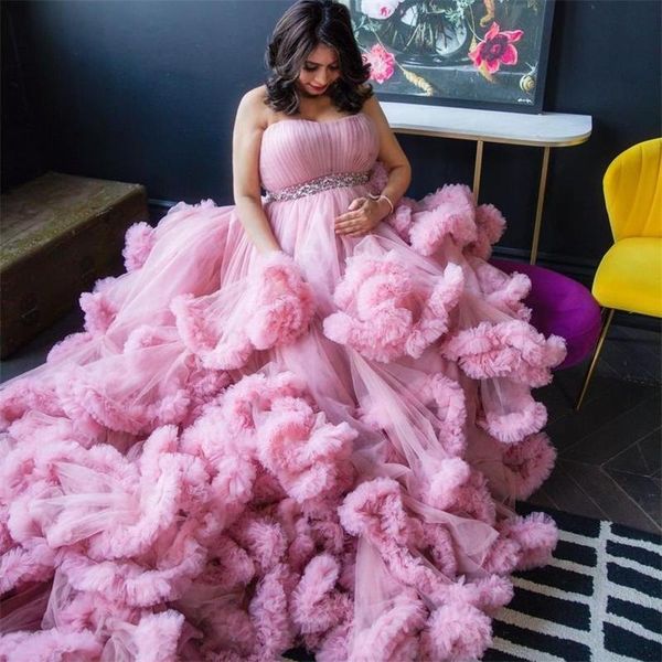 Luxuriöses Umstandskleid mit rosa Rüschen, trägerlos, mit Kristallfalten, Abendkleider für schwangere Frauen in Übergröße, Dessous, Bademantel, Nachtwäsche