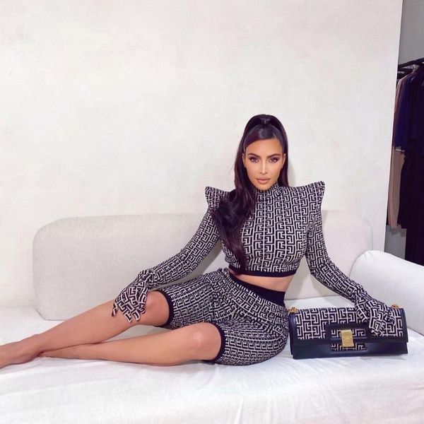 

women's two piece pants 2021 summer 2 pieces set women bandage mid length long sleeve high neck fashion slim party club bodycon, White