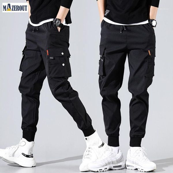 

men's pants mazerout streetwear hip hop black harem men elastic waist punk with ribbons casual slim jogger oversize trousers