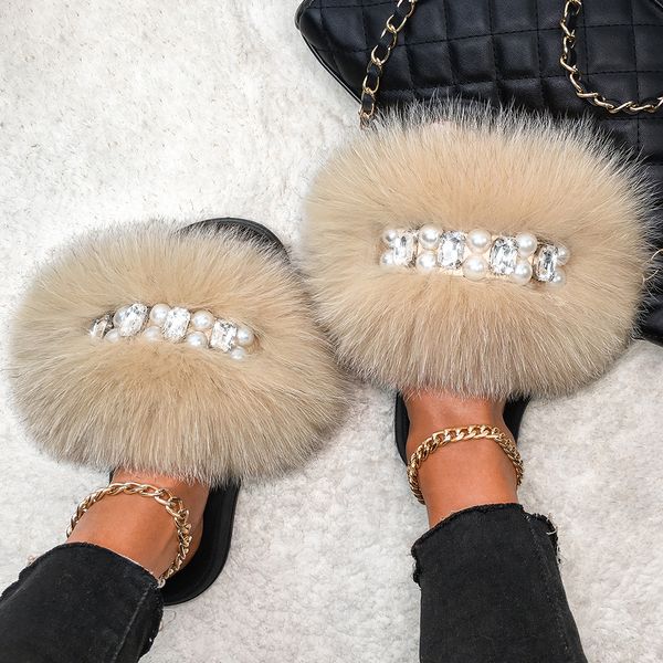 

luxurys designers shoes real fox fur slippers women fluffy flip flops cozy plush slippers luxury pearl chain furry fur slides su, Black