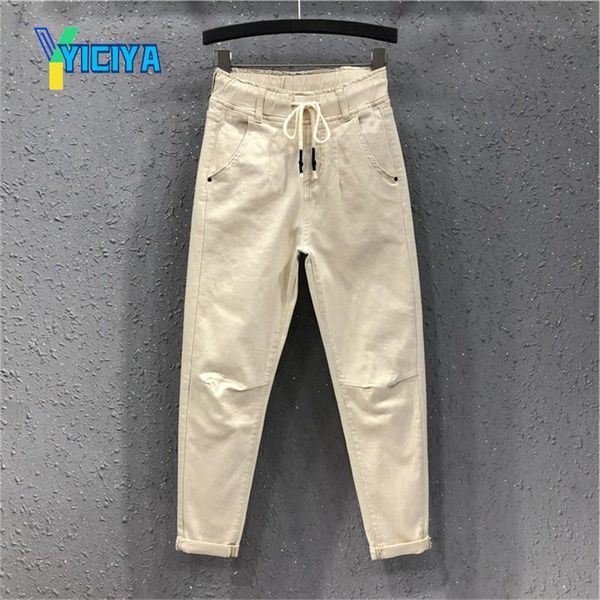 

women's jeans yiciya summer autumn fashion women white loose casual elastic waist femme cotton denim ankle-length pants khaki,met,jeans, Blue