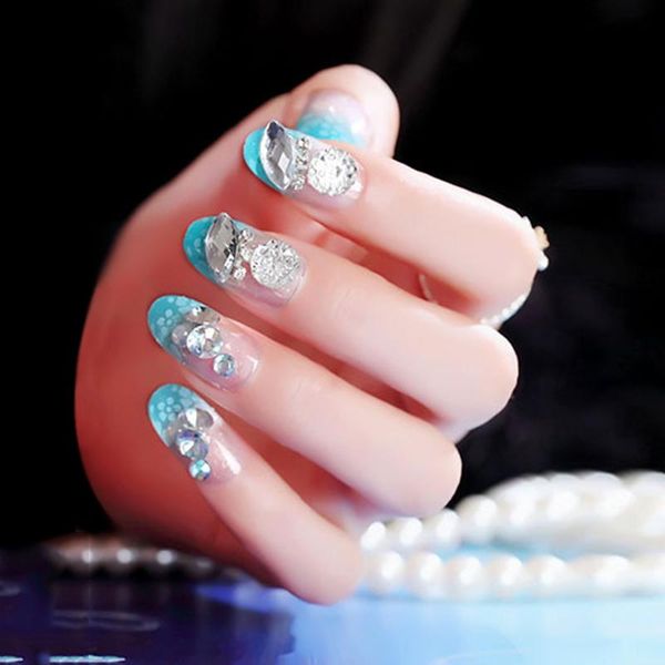 

false nails fake fresh blue diamonds medium and long wear-resistant nail stickers finished 24 pcs with glue dw, Red;gold