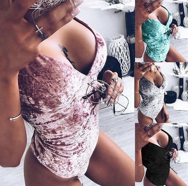 

one-piece suits women fashion sleeveless velvet solid color slim fit skinny v neck bodysuit bodycon leotard black/gray/pink/green