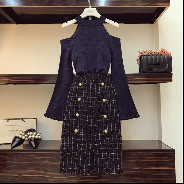 

chic tweed skirt 2 piece women tracksuits set fall winter ins fashion bare shoulders knit sweater button plaid split, Gray