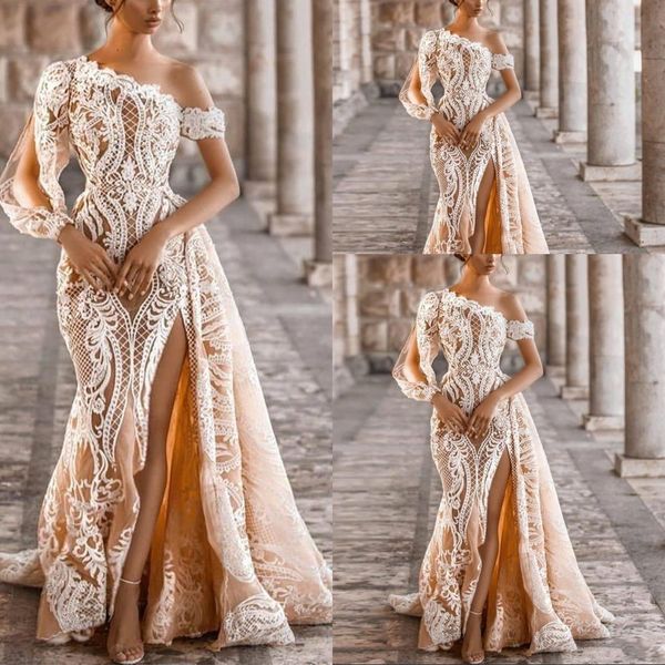 

2023 mermaid wedding dresses champagne one shoulder overskirt bridal gowns thigh slits split long sleeve white lace appliques detachable tra