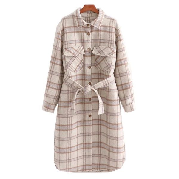

women's wool & blends autumn winter contrast colorplaid woolen coat loose casual thickened warm women long woollen overcoat with belt w, Black