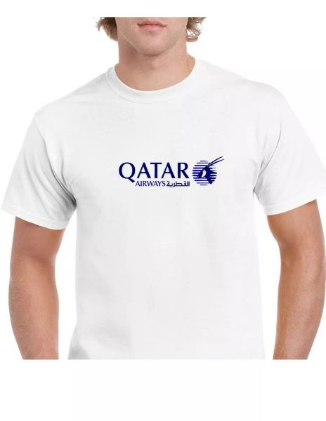 

qatar airways blue logo aviation airline white t-shirt, White;black