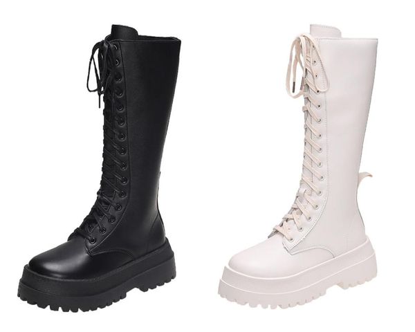 Botas da moda na altura do joelho para mulheres outono inverno com cadarço grosso branco casual redondo combate plataforma sapatos de alta qualidade