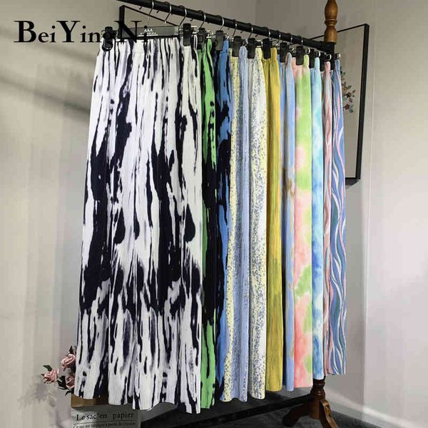 

harajuku wide leg pants women pleated leisure retro classic elastic waist slim long female tie dye trousers girl 210427, Black;white