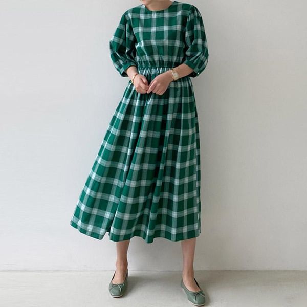 

casual dresses [ewq] 2021 summer o neck lantern sleeve dress women elegant long robe korea elastic waist loose laides red qv59403, Black;gray