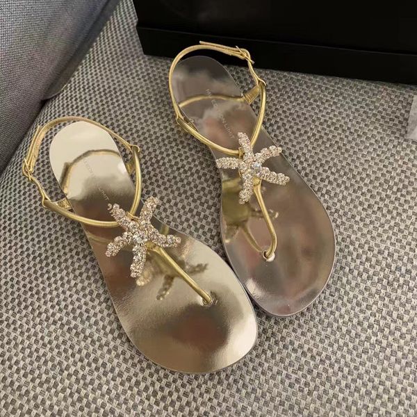 

new fashion summer woman beach diamonds gold sea star flat sandal rhinestones gold starfish strap flip-flops woman flat sandal, Black