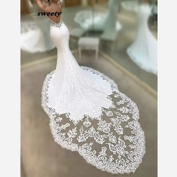 

luxury v neck mermaid wedding dresses lace spaghetti straps bridal gown plus size vestiods custom made, White
