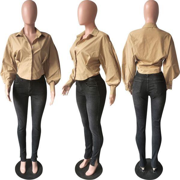 

women long lantern sleeve button shirt elegant chic tunic blouse, White