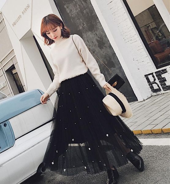 

skirts women beading tulle skirt 2021 spring mesh female silver pearl tutu elastic waist vintage pleated long, Black