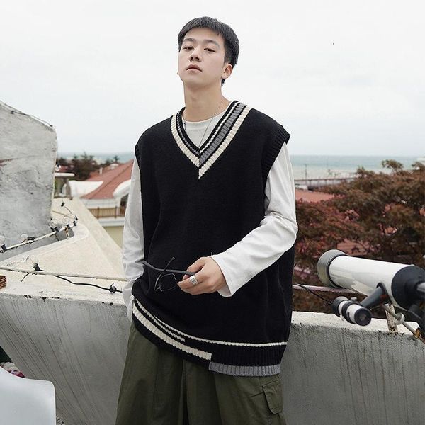 

men's vests 2021 college style v-neck cashmere sweater vest sleeveless fashion pullover wool male clothes knitting m-2xl, Black;white