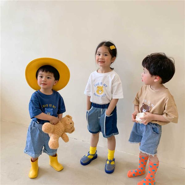 

summer cute boys and girls cartoon short sleeve t shirts korean style kids loose casual tee 1-6y 210615, Blue