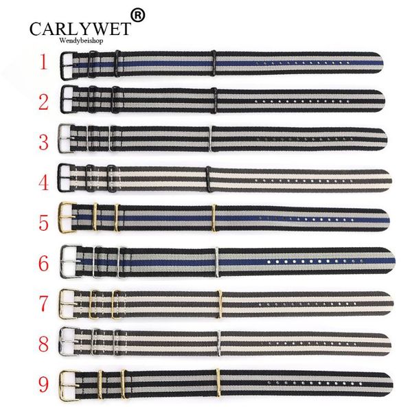 

watch bands carlywet 20mm wholesale black gray brown luxury nylon band nato strap belt polished gold silver stainless steel loop, Black;brown
