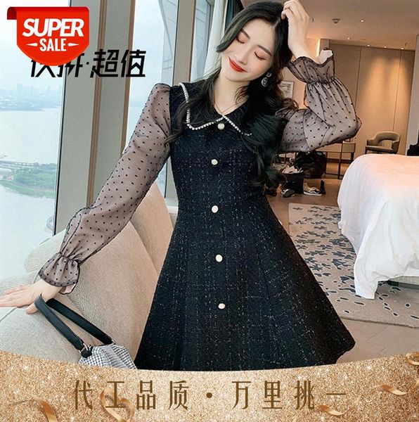

xiaoxiang celebrity style a-line dress, doll collar, waist, thin stitching, long-sleeved dress #zr6v, Black;gray
