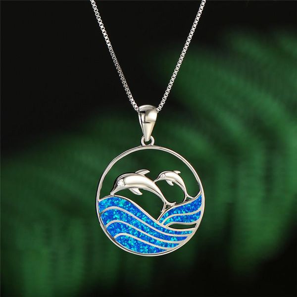 

pendant necklaces female cute blue opal wave necklace lovely animal dolphins wedding charm silver color chain for women