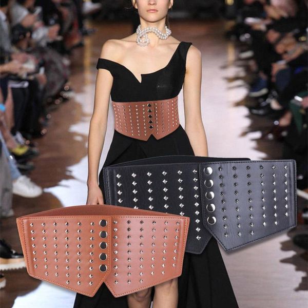 

belts punk women slim corset cummerbunds fashion elastic wild rivet waistband female coat fur waist belt band accessory, Black;brown