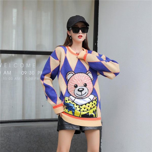 

women's sweaters 2021 autumn winter women kawaii cartoon sweater long sleeve argyle plaid round neck diamond sequined warm loose knitte, White;black