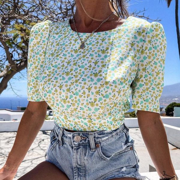

women's blouses & shirts summer women vintage puff sleeve hollow out backless beach blusas fashion o neck floral printed, White
