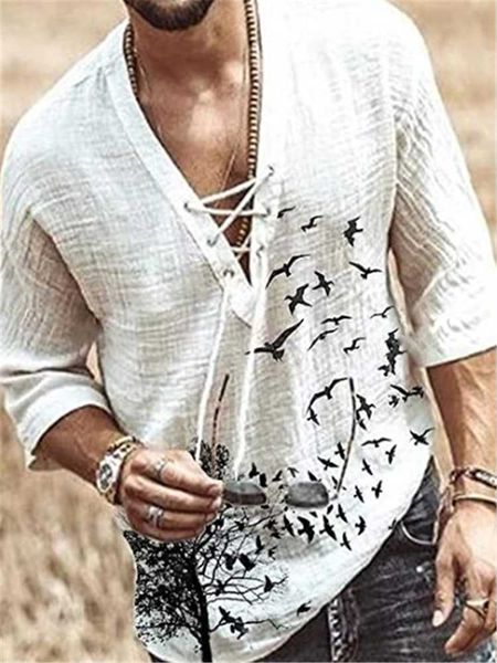 

men's casual shirts cotton linen shirt solid half sleeve slim fit fashion corns v-neck tie retro loose holiday, White;black