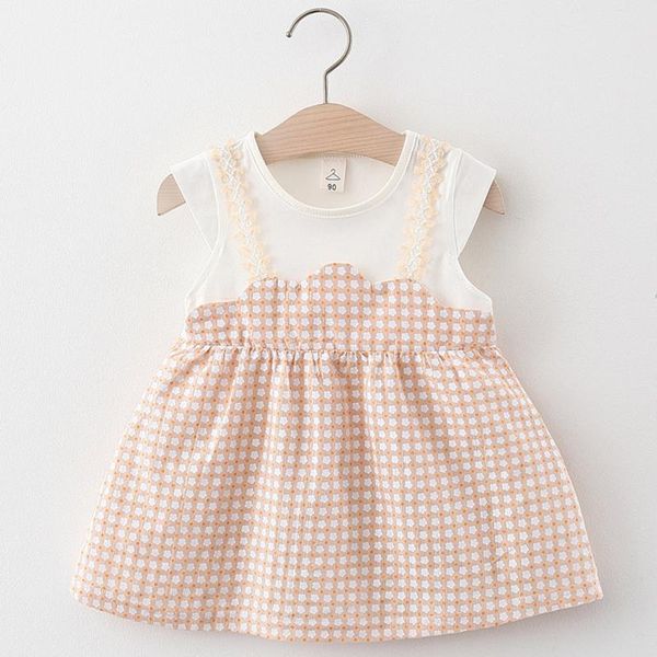 

toddler baby kids girls dress lattice summer patchwork floral lace princess dresses cotton soft party gown girl's, Red;yellow