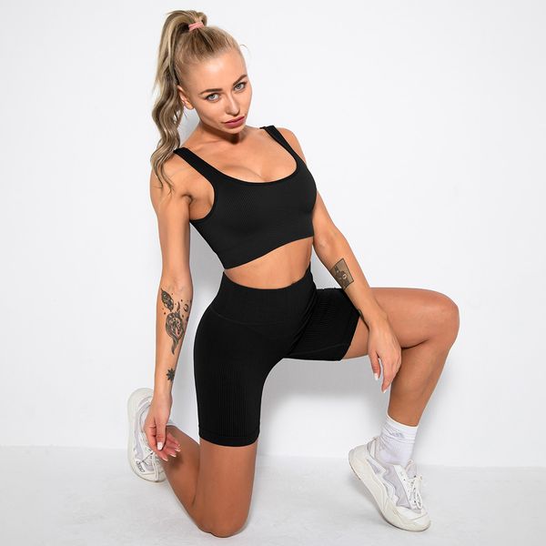 

2021 european and american seamless knitting sports short sleeve shorts bra yoga clothes fitness pants set women 22, White;red