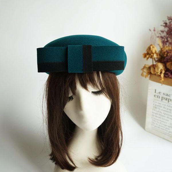 

berets 202108-panshi-gudon autumn winter green grace wool bowknot lady beret hat women leisure painter, Blue;gray