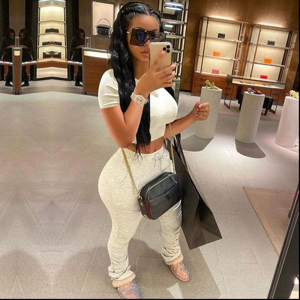 

plus size cotton two piece women tracksuits set summer clothes crop and stacked ruched pants suit sporty sweat suits, Gray