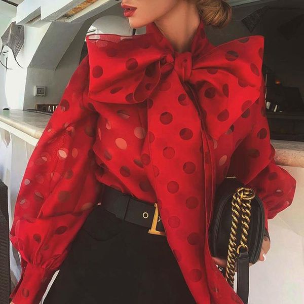 

women's blouses & shirts polka dot lantern sleeve knotted blouse women chic elegant office lady street wear spring fall fashion trends, White